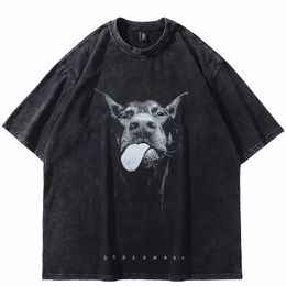 Men's T-Shirts Men Streetwear Hip Hop Oversized T Shirt Funny Doberman Dog Graphic T Shirt Vintage Washed Black Tshirt Harajuku Tee Cotton 230414
