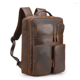 School Bags Men Genuine Leather Multifunction Backpack Large Capacity Travel Bagpack 17 Inch Laptop Bag