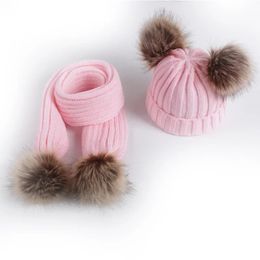 Scarves Wraps Cute Pompom Kids Scarf Hat Winter Solid Color Knitted Warm Children Toddler Scarves Baby Hats Boys Girls Bonnet beanie 6-36Month 231114