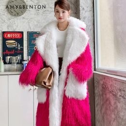 Women's Fur Rose Red Environmental Protection Long Loose Large Lapel Furry Coat Wool Big Pocket Jacket Cotton-Padded Thick Chaquetas