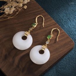 Dangle Earrings China Style Ear Hook Round White Jade Classical Temperament Ethnic Accessories Inlaid Zircon Crystal For Women