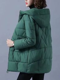 Пуховое пальто 2023 Парки с капюшоном Осенне-зимняя куртка Женская повседневная однотонная утолщенная теплая куртка Женская мода Свободная хлопковая подкладка большого размера 231113