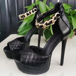 Olomm Handmade Women Platform Sandals Ankle Strap Sexy Chain Stiletto Heel Peep Toe Elegant Black White Dress US Shoes Size 5-20