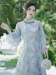 Work Dresses Fashion Retro 2 Piece Set Autumn Lantern Sleeve Cropped Caot Top Stand Collar Vest Blue Print Dress Sets Vintage Womens