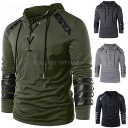 Men's Hoodies Sweatshirts Adult Men Medieval T-shirt Gothic Steampunk Sweatshirt Lace Up Long Sleeve Pullover Hooded Tee Halloween Shirts Tops chemise zln231114