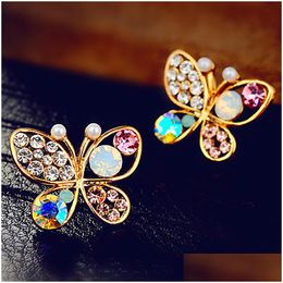 Stud Pearl Butterfly Earrings Hollow Rhinestone Ear Gold Crystal For Women Earring Jewellery Drop Delivery Dhgarden Dhjm2