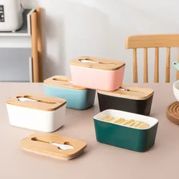 Plates Bamboo Cover With Ceramic Butter Knife Box Kitchen Refrigerator Storage Sealed Crisper Household Tableware