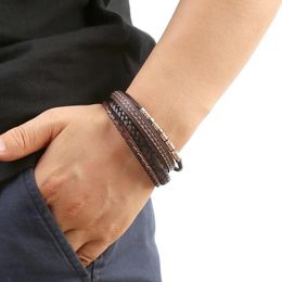 Charm Bracelets Vintage Men's Stainless Steel Bracelet Multi-layered Leather Braid Leath Rope Bangle Luxury High-end Jewellery