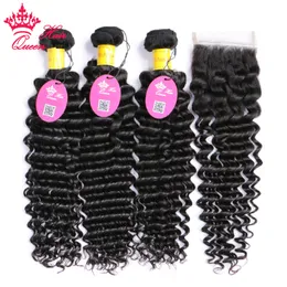 100% Human Hair Bundles With Closure Deep Curly Wave Bundle with Lace Closure Peruvian Virgin Raw Hair Extensions Queen Hair Products Free Shipping