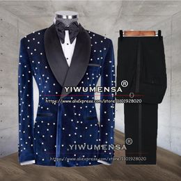 Men's Suits Classic Men's Wedding Slim Fit Navy Blue Velvet Pearls Blazer Sets Plus Size Double Breasted Jacket Pants 2 Pieces Clothes