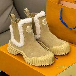 Wintry Brand SKI Ruby Flat Women Ankle Boot Suede & Calf Leather Fluffy Shearling Trim Chelsea Boots Warm Lady Knight Booties Comfort