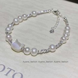 Natural seashell carved cute cat silver pearl bracelet 5-6mm natural freshwater pearl bracelet 925 sterling silver pearl Jewellery