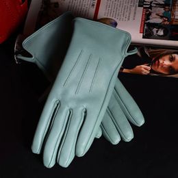 Five Fingers Glove's Ladies 100 Real Leather Sheep skin Elegant Winter Warm Thick Lining White Pink Colorful Cute Outdoor Short Gloves 231114