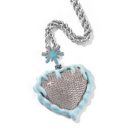 Pendant Necklaces Iced Out Snow Frozen Heart Pendant Micro Pave CZ Stone Necklace For Men Women Hip hop Jewelry Free Shipping T230413