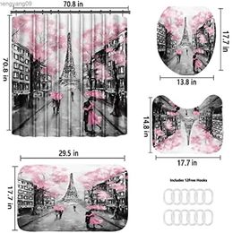 Shower Curtains Paris Pink Shower Curtain Sets with Rugs Bath Mat Toilet Cover Valentine Bathroom Decor R231114