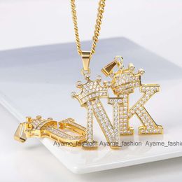 Zircon Alphabet Pendant Necklaces Hip Hop Gold Silver Crown Pendant Chain Necklace Initial Letter Necklace for Women