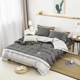 Bedding Sets 2023 60 Long Velvet Embroidery Striped Colour Matching Four-piece Set Of Pure Cotton Luxury Can Be Customised Grey White