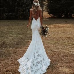 Bohemian Country Lace Mermaid Wedding Dresses For Brides Sexy Spaghetti Straps Bridal Gowns Court Train Garden Vintage Robes De Mariee 328 328