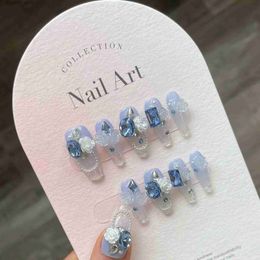 False Nails 10Pcs Set Blue Handmade Press On Nails Snowflakes Ballet with Rhinestones False Nails Decoration Manicure Fake Nails Tips Art Q231114