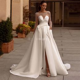 Scoop Neck Illusion Back Wedding Dresses Beaded Side Split A Line Wedding Gown Pleat With Pocket Vestidos De Novia