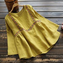 Women's Blouses 2023 Fall Spring Women Embroidery Loose Korean Yellow White Red Linen Blouse Top Shirt Womens 4XL O Neck Tops And