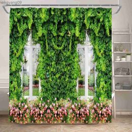 Shower Curtains Street Flowers Shower Curtains Green Plants Window Pink Butterfly Garden Wall Hanging Home Bathroom Decor with R231114