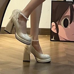Dress Shoes Pearl Ribbon High Heels Pump Women's Mary Janes String Beading Strap Female Ladies Belt Chaussure Femme Zapatos Mujer