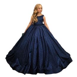 Sparkly Navy Blue Sleeveless Flower Girl Dresses For Wedding Princess Ball Gown Kids Pageant First Communion Gowns With Bow
