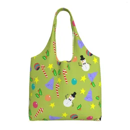 Shopping Bags Cute Cartoon Christmas Reusable Grocery Foldable Washable Tote With Pouch