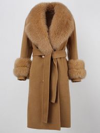 Women's Jackets OFTBUY 2023 Winter Jacket Women Long Natural Wool Blends Cashmere Real Fur Coat Double Breasted Belt Warm Streetwear Fashion 231114