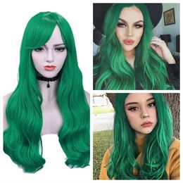 New green big wave wig female long hair wind long curly hair oblique bangs button net