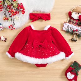 Sets Tregren 0 18M born Baby Girls 2Pcs Christmas Outfits Long Sleeve Velvet Romper Dress with Headband Set Cute Infant Clothes 231113