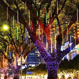 Christmas Decorations Meteor Shower Lights 10 tubes 240 LED Falling Rain for Party Tree Holiday Roof Wedding 231113