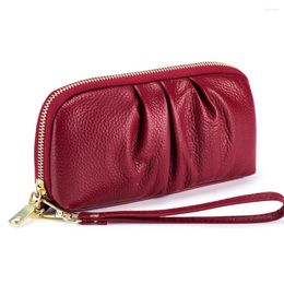 Wallets Women Long Cowhide Handbag Women's Soft Leather Mobile Phone Bag Large Capacity Brand Wrinkled Clutch Purse