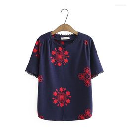 Women's T Shirts Plus Size Women's V-neck Summer Short Sleeve Floral Embroidery Vintage Tops Large A-line Top