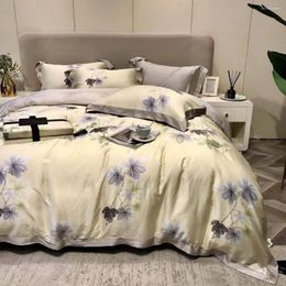 Bedding Sets 2023 Four-piece Simple Cotton Double Household Bed Sheet Quilt Cover Embroidered Comfortable Light Yellow Grey Colour