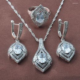 Necklace Earrings Set Amazing White Zircon Silver Colour For Women Wedding Christmas Gift Rings TZ0608