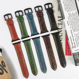 For Apple Watch strap band 22mm hand-grip Papie color thread iwatch9/8Ultra2 leather strap 1/2/3/4/5/6/7/8 generation universal hand-stitched strap 38/40/41mm42/44/45/49mm