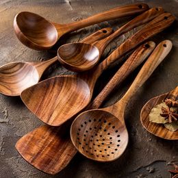 Cooking Utensils Thailand Teak Natural Wood Tableware Spoon Ladle Turner Long Rice Colander Soup Skimmer Cooking Spoons Scoop Kitchen Tool Set 230414