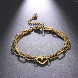Link Bracelets Romantic Hollow Heart Pendant Stainless Steel Charm Bracelet Double Layer Paperclip Chain For Women Jewellery Friends Trendy