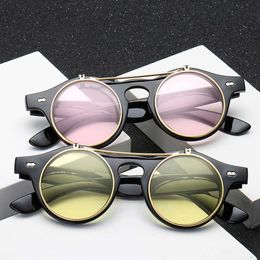 Fashion Vintage Round Steampunk Flip Up Sunglasses Classic Double Layer Clamshell Design Sun Glasses De Sol 230920