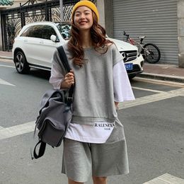Women's Tracksuit s Summer Fake Two Pieces Outfit Grey Oversized T Shirt Sporting Short Pants Solid Colour Streetwear Sweat Sets 230413