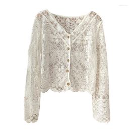 Women's Blouses Women Lace Flare Long Sleeve Blouse V-Neck Button Down Cropped Cardigan Hollow Crochet Floral See Through Jacket Shirts