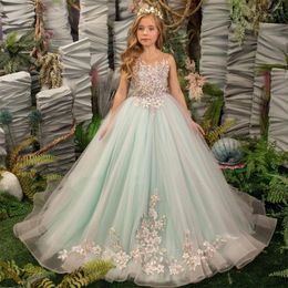 Girl Dresses Delicate Mint Fluffy Flower Dress Floral Lace Pearls And Rhinestones Adorn The Bodice Multilayered Ruffle Train