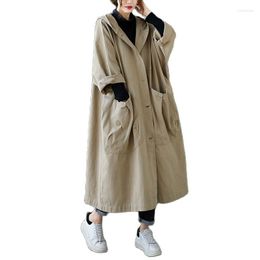 Women's Trench Coats 2023 Loose Coat For Women Spring Autumn Long Windbreaker Big-Pocket Hooded Overcoat Lady Casual Top Khaki Black