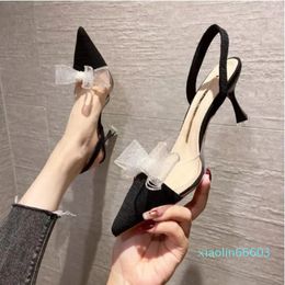 Sandals Fairy Wind High Heel Transparent INS Women's 2023 Summer Mesh Red Bow Tie Pointed Thin Shoes