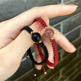 Strand Red Strawberry Crystal Bracelet Hand Rope Woven Gift Obsidian Lucky Beads Couple Women Jewellery