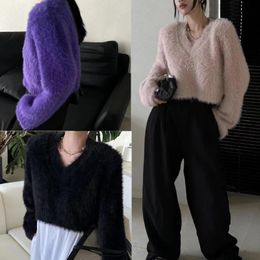 Womens Sweaters Long Sleeve VNeck Casual Loose Crop Top Harajuku Thick Fluffy Plush Solid Color Pullover Sweater D14 22 Dropship 231113