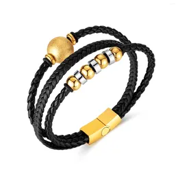 Link Bracelets Stainless Steel Bead Bracelet For Men Women Hip Hop Multi-layer Woven Leather Rope Fashion XMAS Gifts 8mm 8.26inch