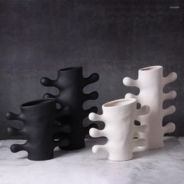 Vases Ceramic Vase Abstract Art Flower Arrangement White Handle Coral Shape Black And Pot Home Decoration